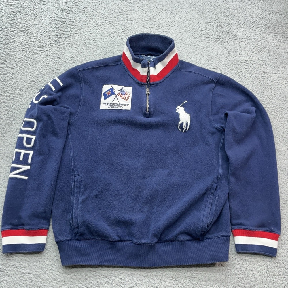 Polo‎ Ralph Lauren Rugby Shirt Mens L Blue 1/4 Zip US Open Golf Pony Embroidered